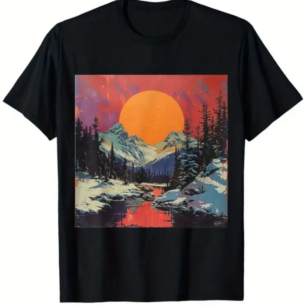 Black Graphic T-Shirt with Sunset Design